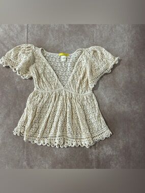 Catherine Malandrino Cream Crochet Lace V-Neck Peplum Top 100% Cotton